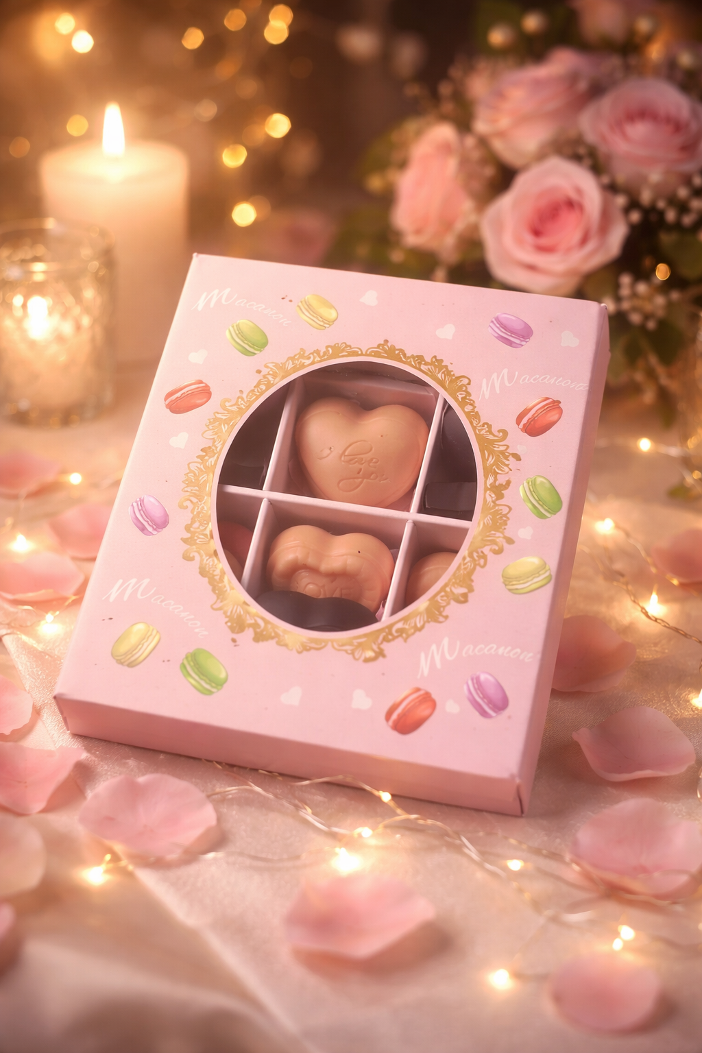 Chocolate hearts and macaroons box
