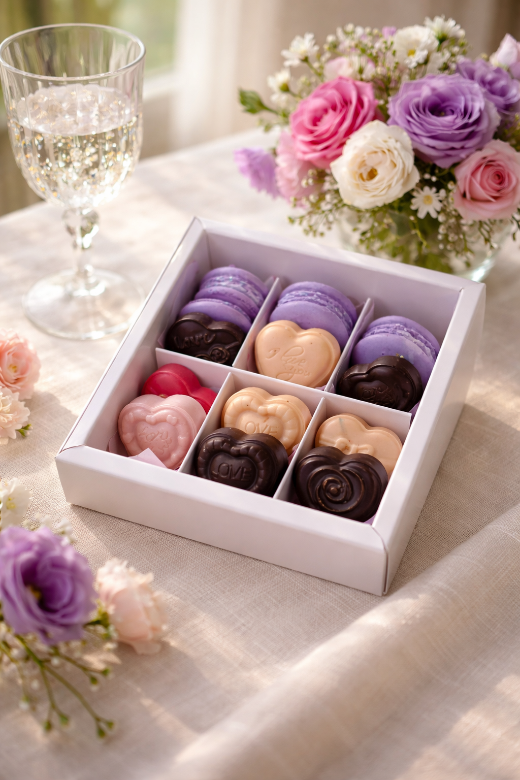 Chocolate hearts and macaroons box